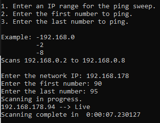 output of the first ping sweep script with instructions